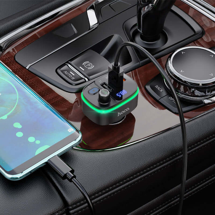 Hoco E62 | Bluetooth FM Transmitter Car Charger | Dual Ports (Type-C & USB) Mobile Cable Store