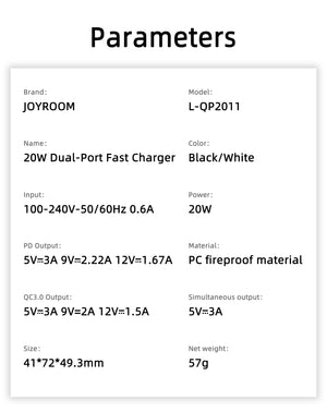 Joyroom L-QP2011 | 20W PD Fast Charger | Dual Ports (Type-C & USB) Mobile Cable Store