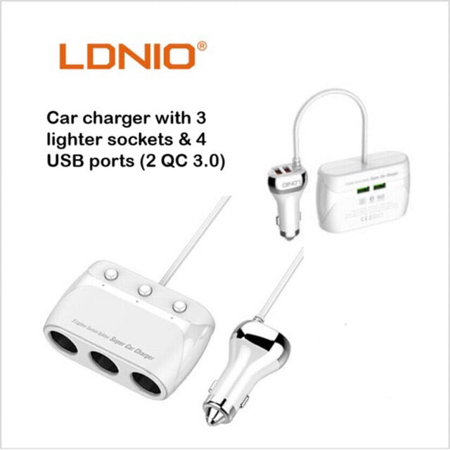 LDNIO C504 | 160W PD Car Charger & Socket Spiltter | Quad Ports (USB) Mobile Cable Store