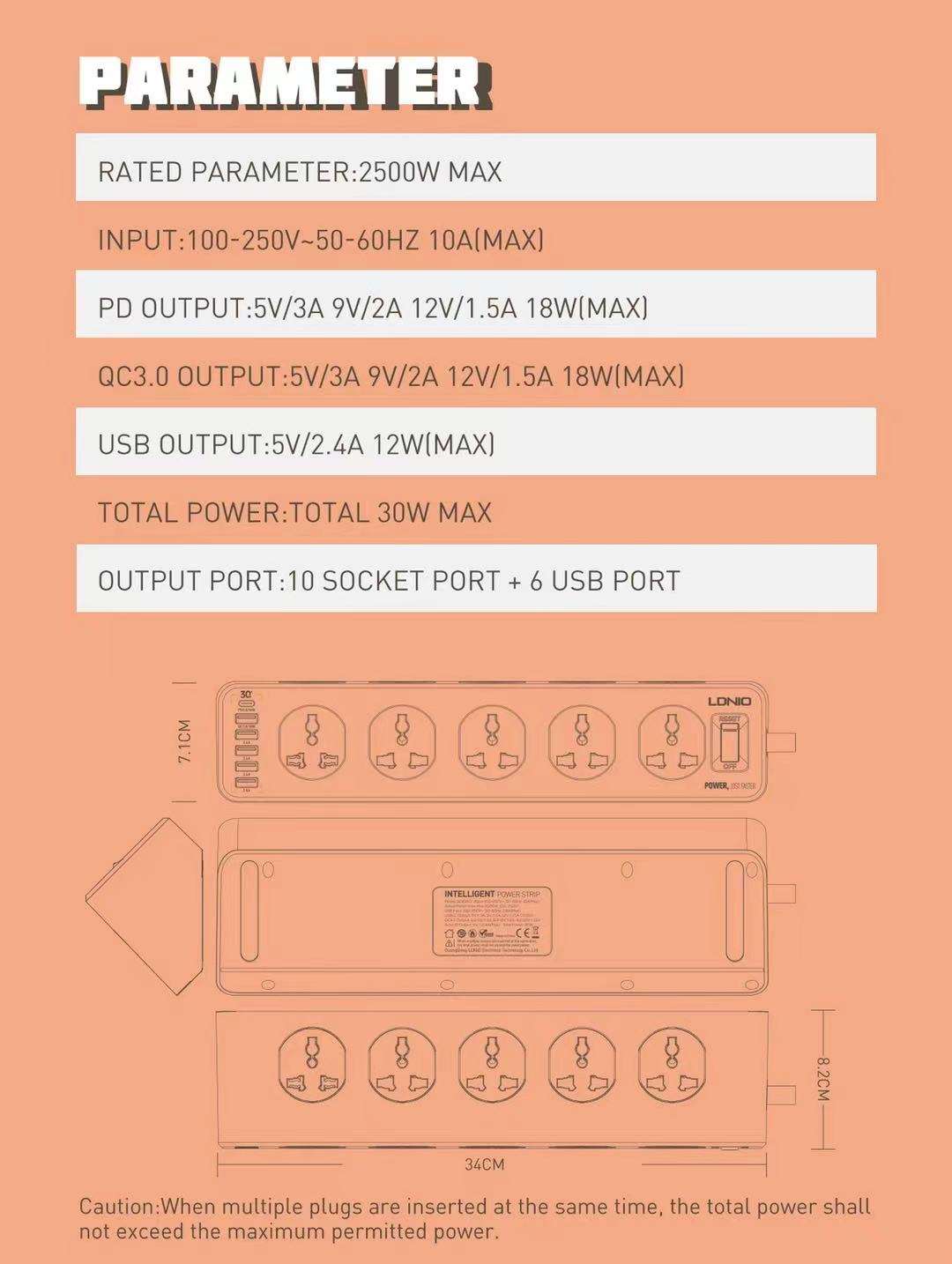LDNIO SC10610 | 2500W PD & QC3.0 Power Socket  | With 32W Type-C & USB Ports Mobile Cable Store