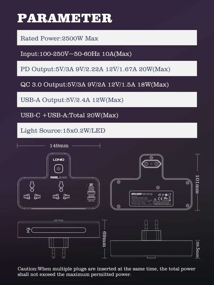 LDNIO SC2311 | 2500W PD & QC3.0 Power Socket  | With 20W Type-C & USB Ports Mobile Cable Store