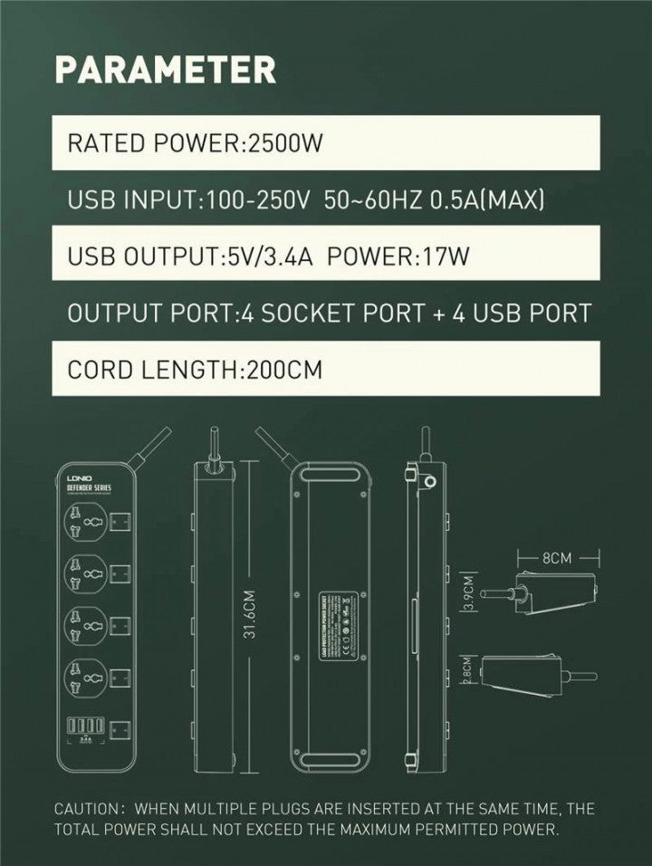 LDNIO SC4408 | 2500W Power Socket | With 17W Auto-ID USB Ports Mobile Cable Store