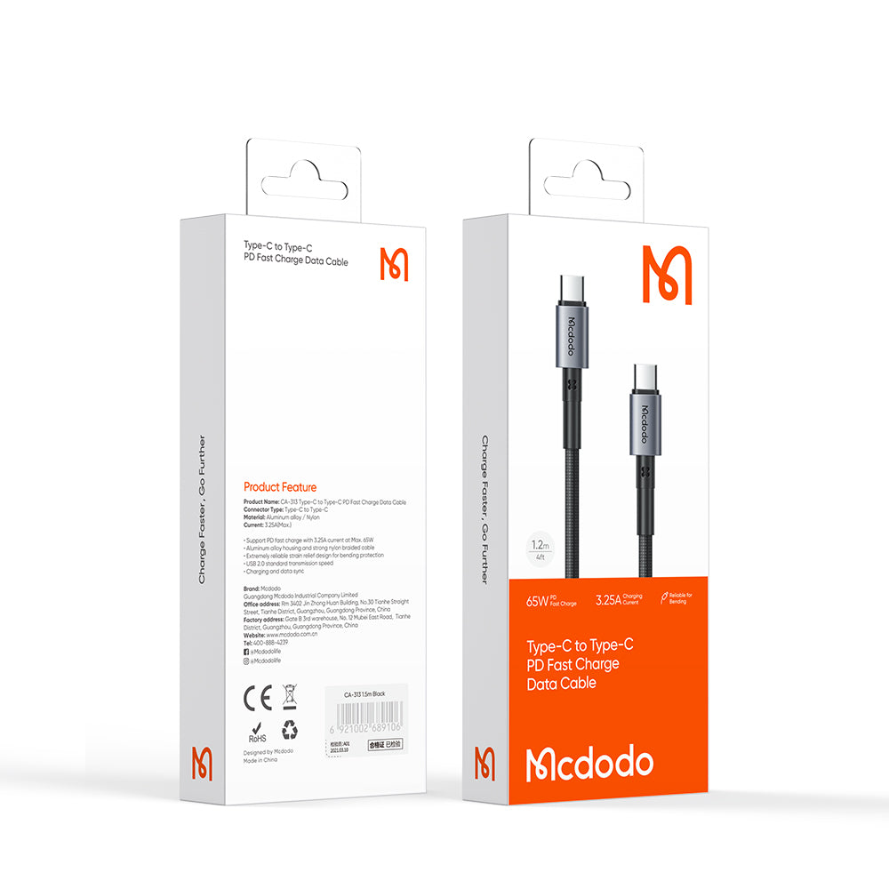 Mcdodo CA-313 | Type-C to Type-C Mobile Cable | Fast Charge 65W PD Mobile Cable Store