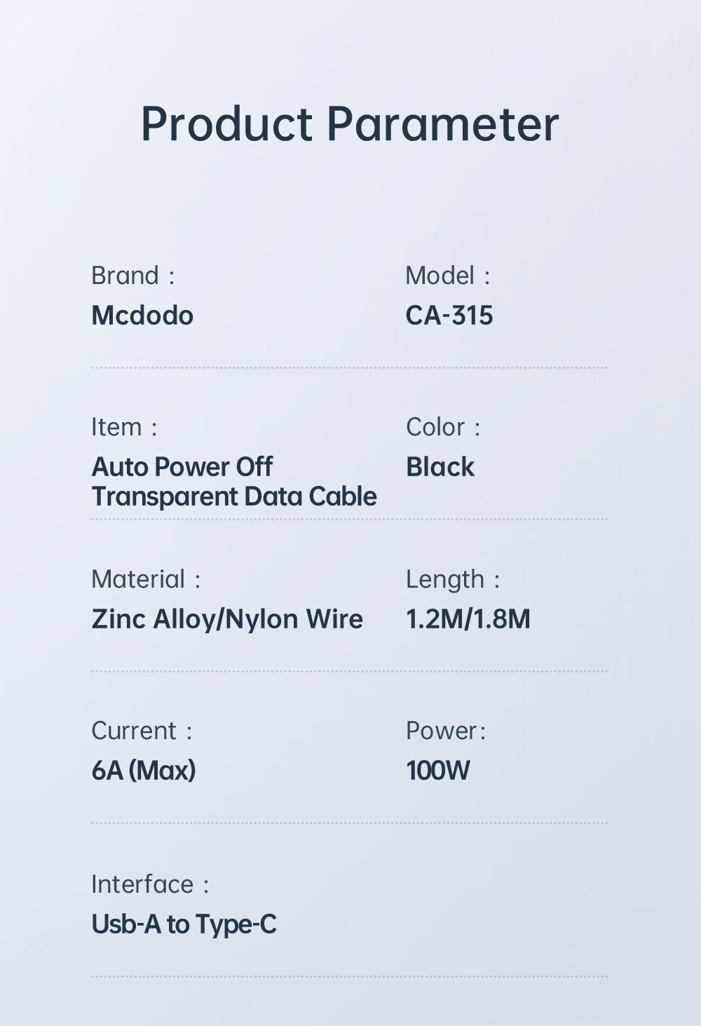 Mcdodo CA-315 | USB to Type-C Mobile Cable | Auto Power Off Mobile Cable Store