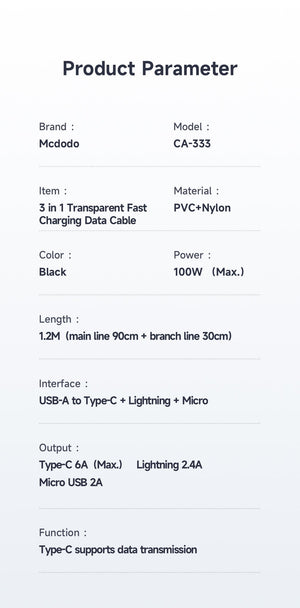Mcdodo CA-333 | USB to Type-C, Lightning & Micro Mobile Cable | 3-in-1 Cable Mobile Cable Store