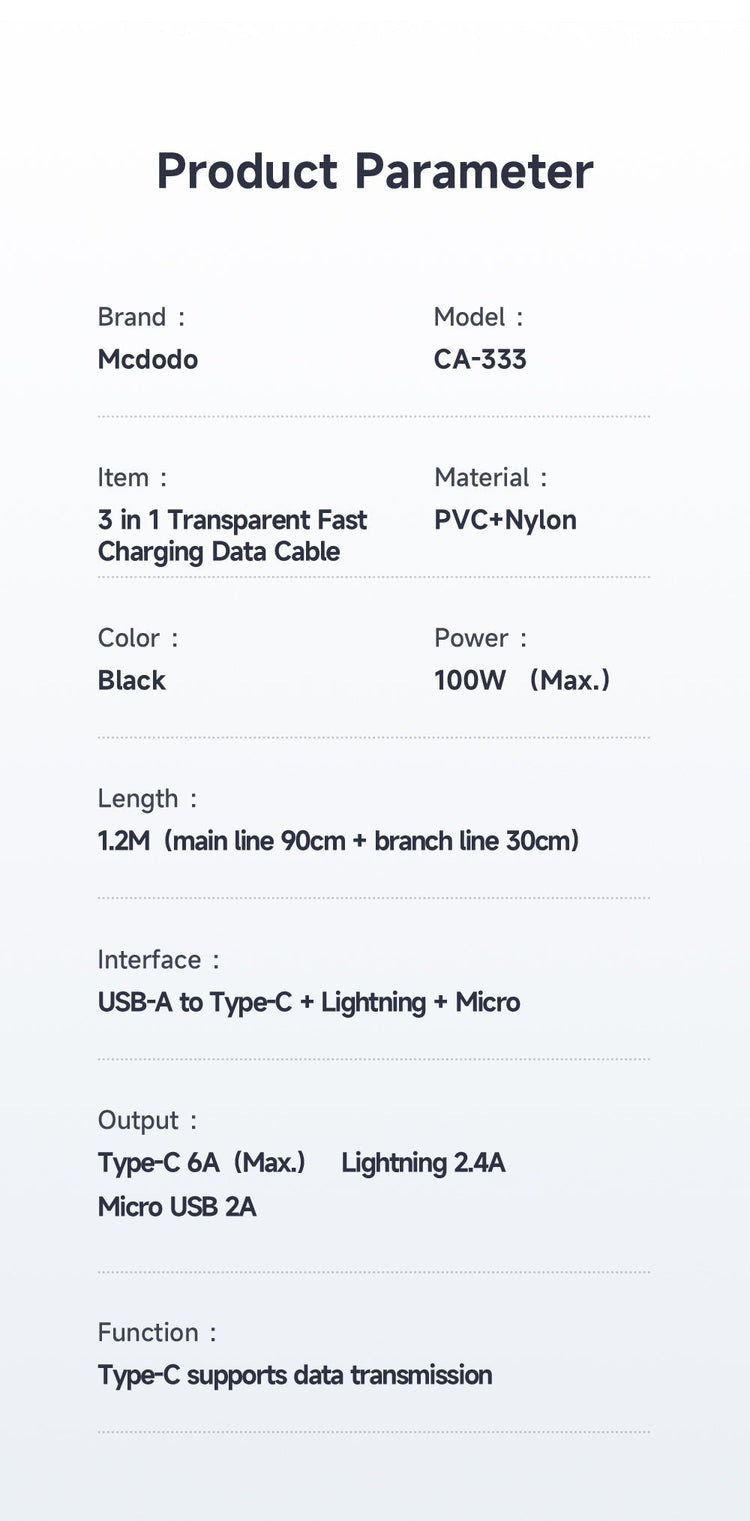 Mcdodo CA-333 | USB to Type-C, Lightning & Micro Mobile Cable | 3-in-1 Cable Mobile Cable Store