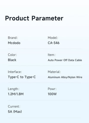 Mcdodo CA-346 | Type-C to Type-C Mobile Cable | Auto Power Off Mobile Cable Store