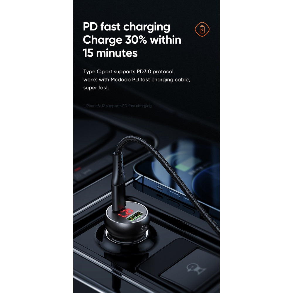 Mcdodo CC-703 | 45W PD Car Charger With Digital Display | Dual Ports (Type-C & USB) Mobile Cable Store
