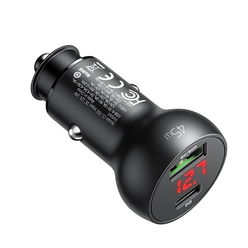 Mcdodo CC-703 | 45W PD Car Charger With Digital Display | Dual Ports (Type-C & USB) Mobile Cable Store