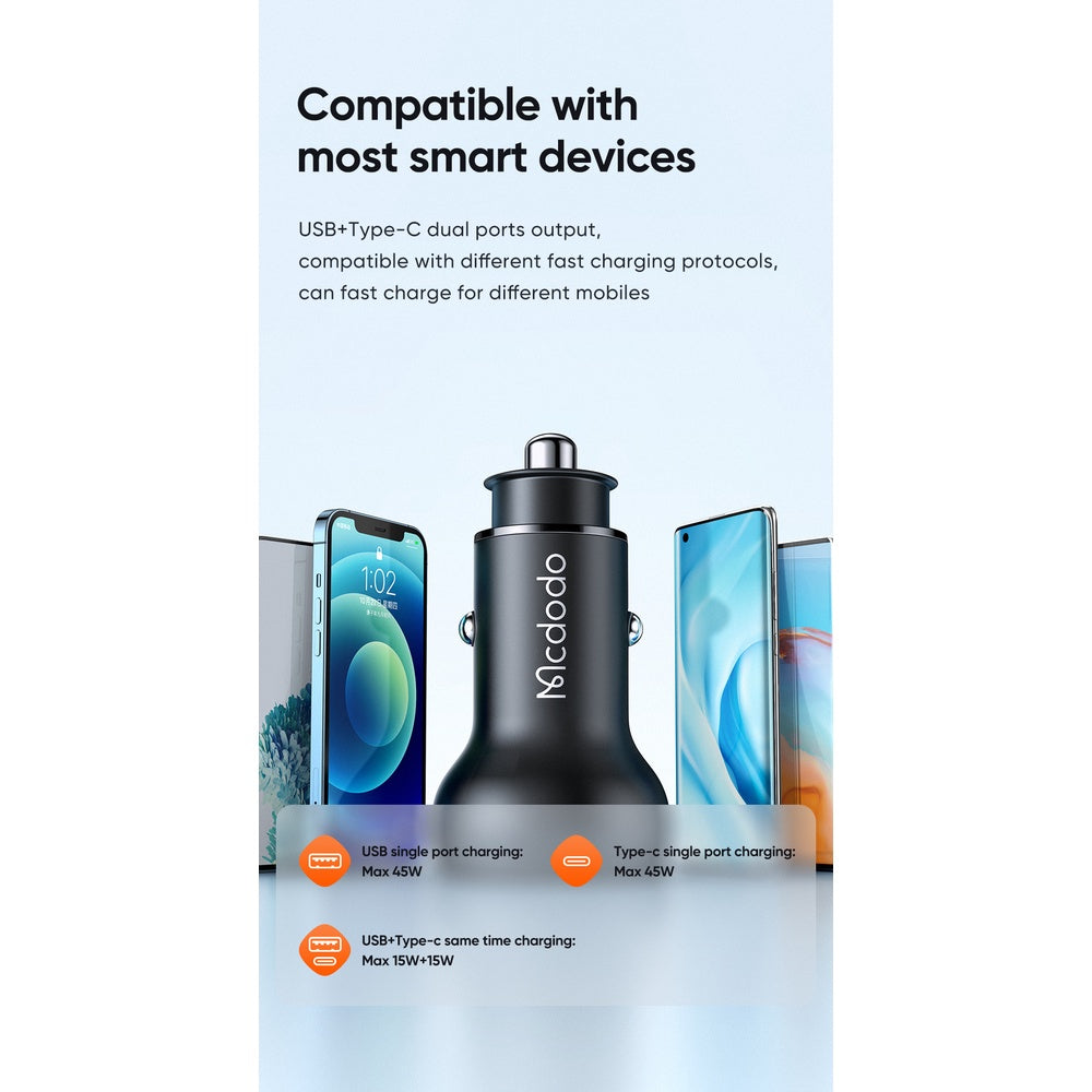 Mcdodo CC-703 | 45W PD Car Charger With Digital Display | Dual Ports (Type-C & USB) Mobile Cable Store