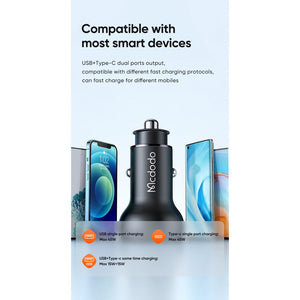 Mcdodo CC-703 | 45W PD Car Charger With Digital Display | Dual Ports (Type-C & USB) Mobile Cable Store