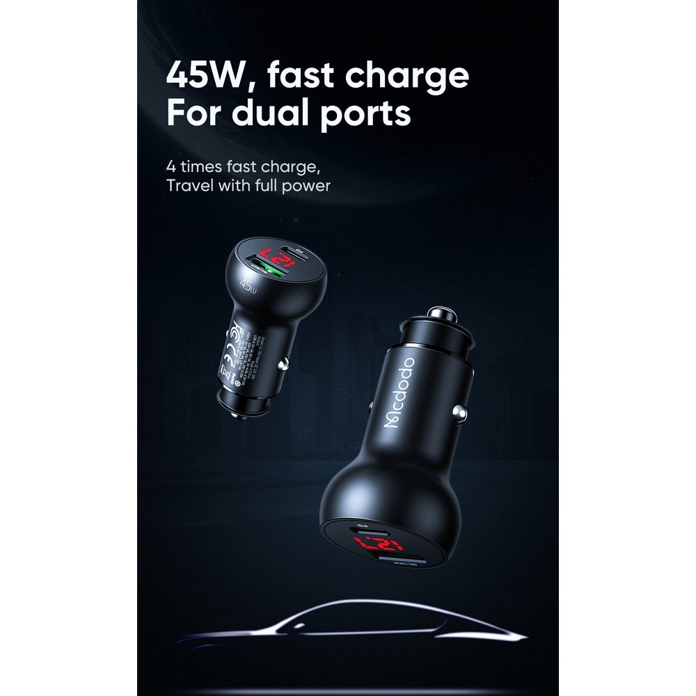 Mcdodo CC-703 | 45W PD Car Charger With Digital Display | Dual Ports (Type-C & USB) Mobile Cable Store