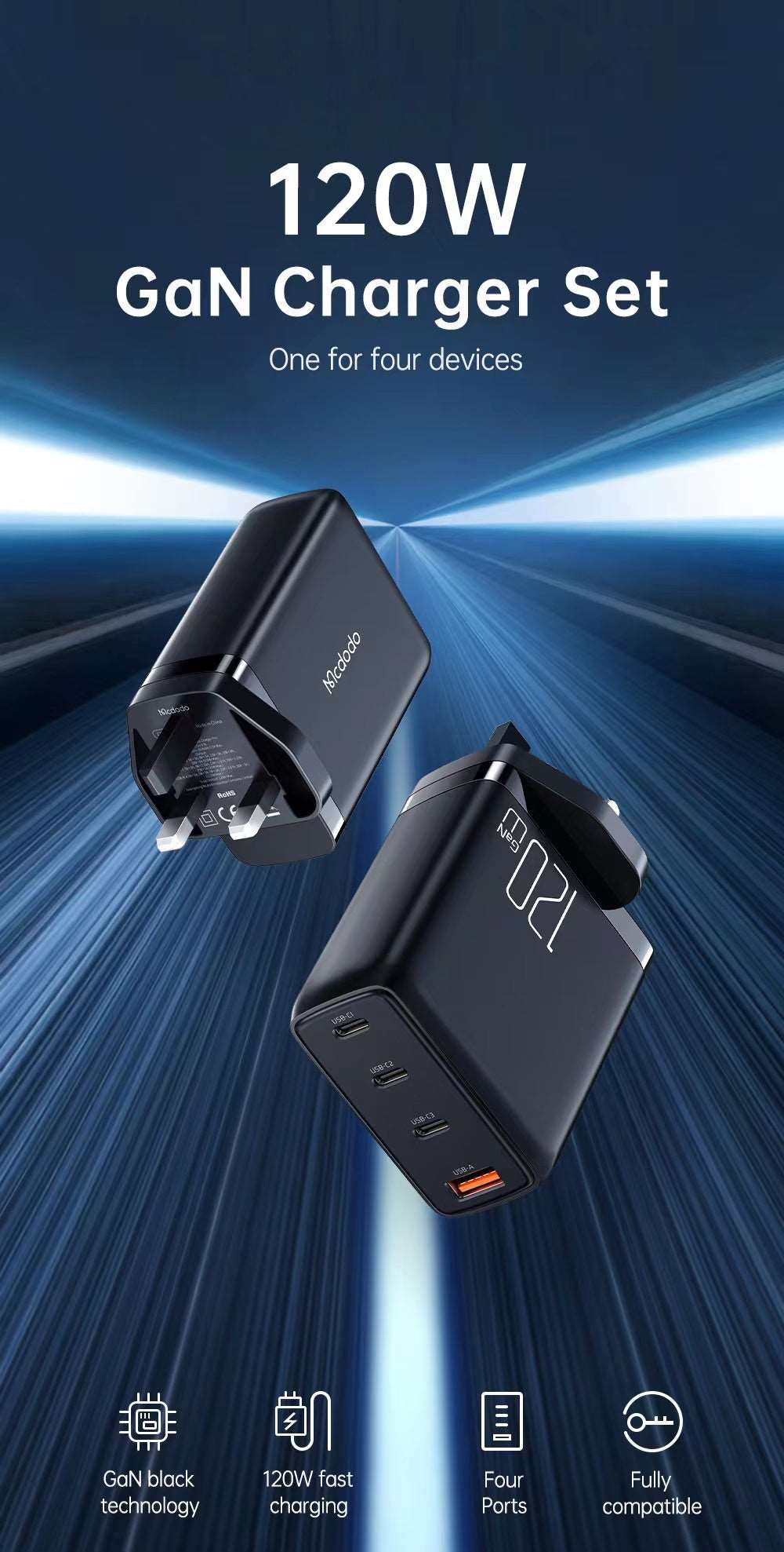 Mcdodo CH-076 | 120W PD Fast Charger | Quad Ports (Type-C & USB) Mobile Cable Store