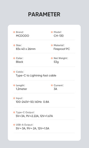 Mcdodo CH-130 | 20W PD Fast Charger | Dual Ports (Type-C & USB) Mobile Cable Store