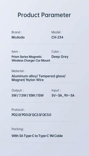 Mcdodo CH-234 | 15W Magnetic Wireless Charger Car Mount Mobile Cable Store