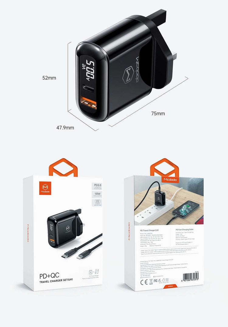 Mcdodo CH-723 | 20W PD Fast Charger | Dual Ports (Type-C & USB) Mobile Cable Store