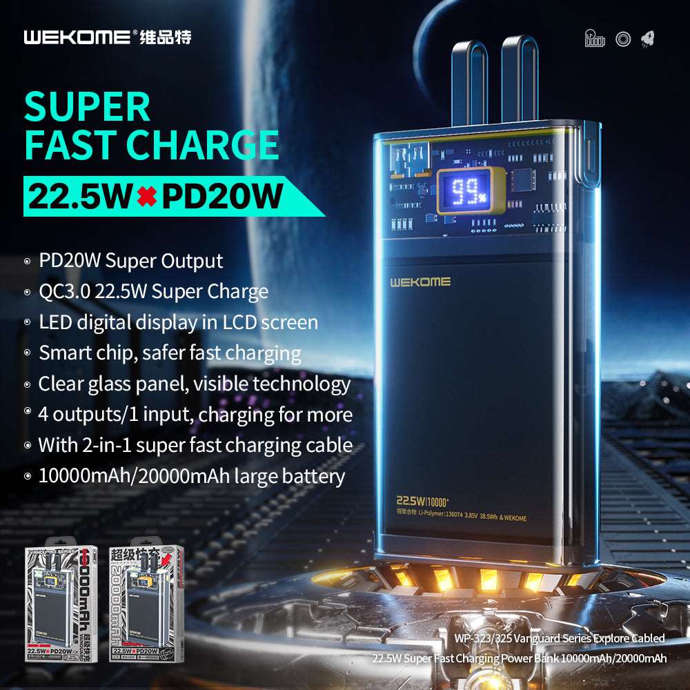 Wekome WP-325 | Powerbank 20000 mAh 22.5W | With Built-In Cable Mobile Cable Store