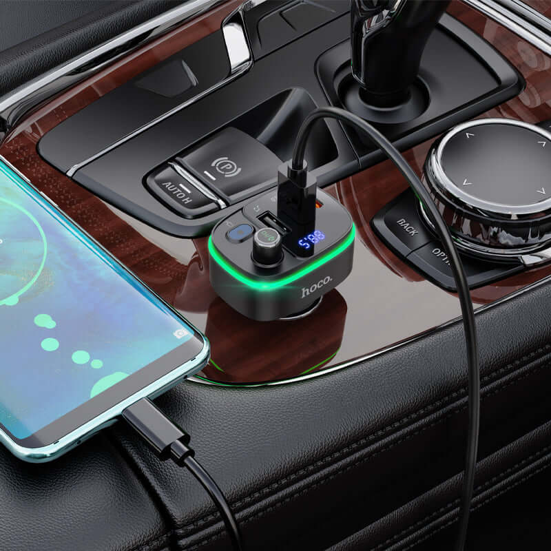 Hoco E62 | Bluetooth FM Transmitter Car Charger | Dual Ports (Type-C & USB) Mobile Cable Store