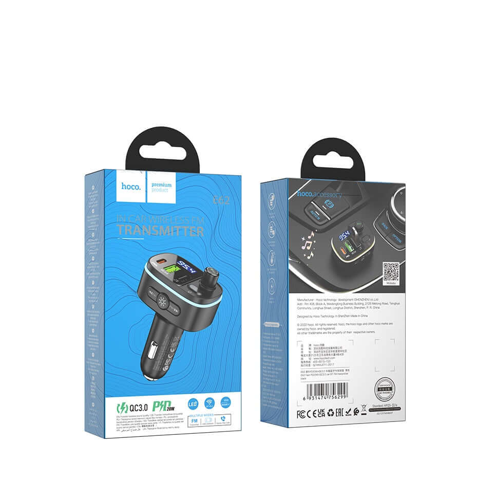 Hoco E62 | Bluetooth FM Transmitter Car Charger | Dual Ports (Type-C & USB) Mobile Cable Store