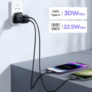 Joyroom JR-TCF08UK | 30W PD Fast Charger | Dual Ports (Type-C & USB) Mobile Cable Store