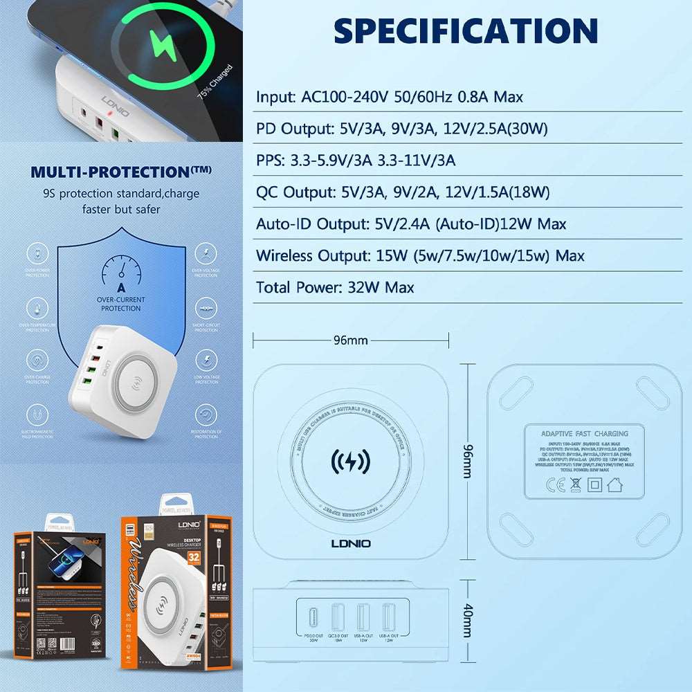 LDNIO AW004 | 32W Desktop Wireless Charger | Quad Ports (Type-C & USB) Mobile Cable Store
