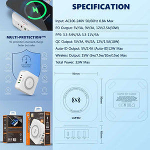 LDNIO AW004 | 32W Desktop Wireless Charger | Quad Ports (Type-C & USB) Mobile Cable Store