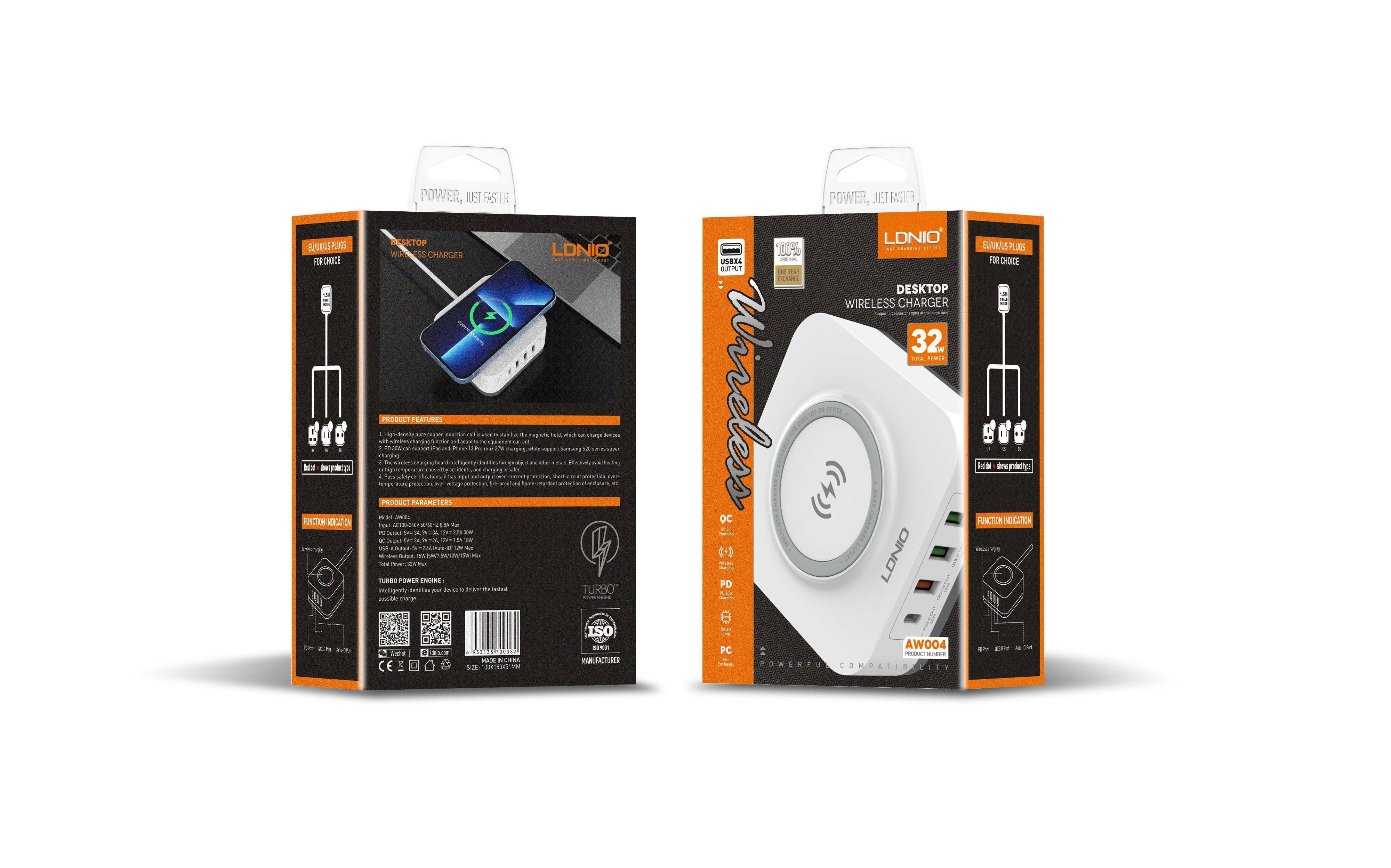 LDNIO AW004 | 32W Desktop Wireless Charger | Quad Ports (Type-C & USB) Mobile Cable Store