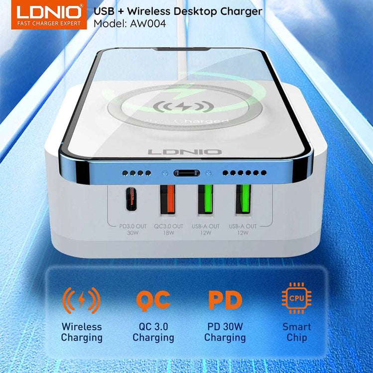 LDNIO AW004 | 32W Desktop Wireless Charger | Quad Ports (Type-C & USB) Mobile Cable Store