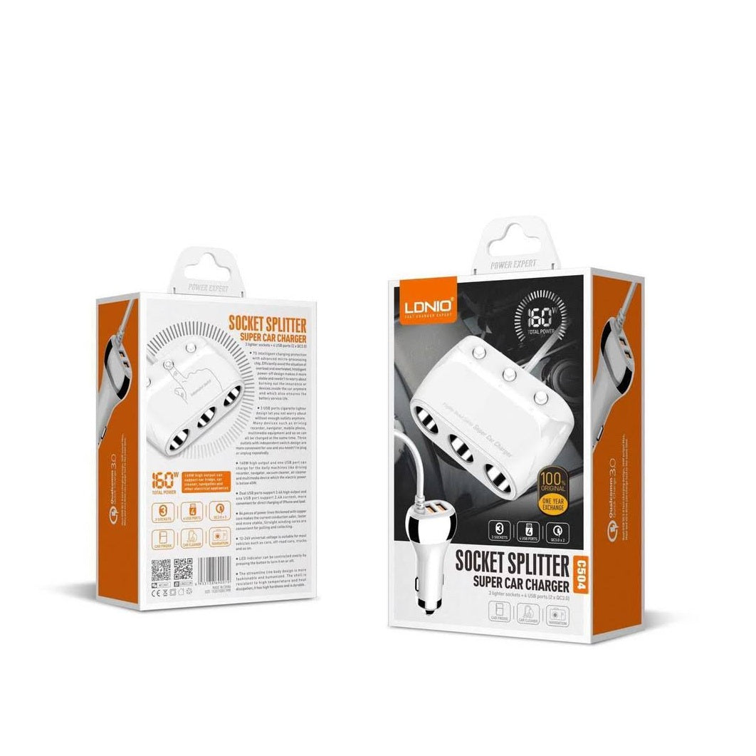 LDNIO C504 | 160W PD Car Charger & Socket Spiltter | Quad Ports (USB) Mobile Cable Store