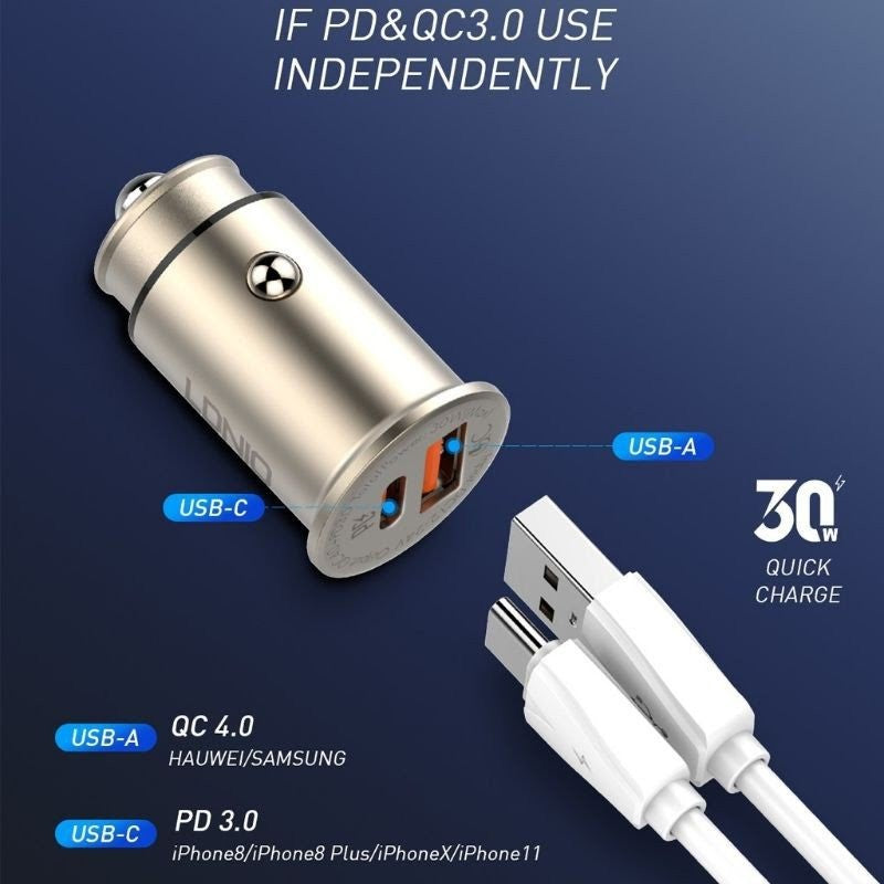 LDNIO C506Q | 30W PD Car Charger | Dual Ports (Type-C & USB) Mobile Cable Store