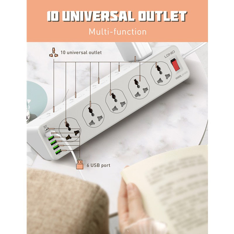 LDNIO SC10610 | 2500W PD & QC3.0 Power Socket  | With 32W Type-C & USB Ports Mobile Cable Store