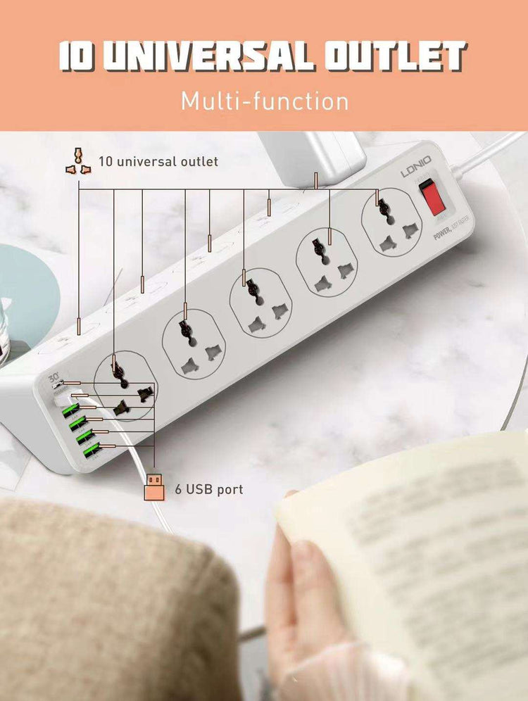 LDNIO SC10610 | 2500W PD & QC3.0 Power Socket  | With 32W Type-C & USB Ports Mobile Cable Store