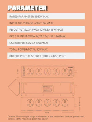 LDNIO SC10610 | 2500W PD & QC3.0 Power Socket  | With 32W Type-C & USB Ports Mobile Cable Store