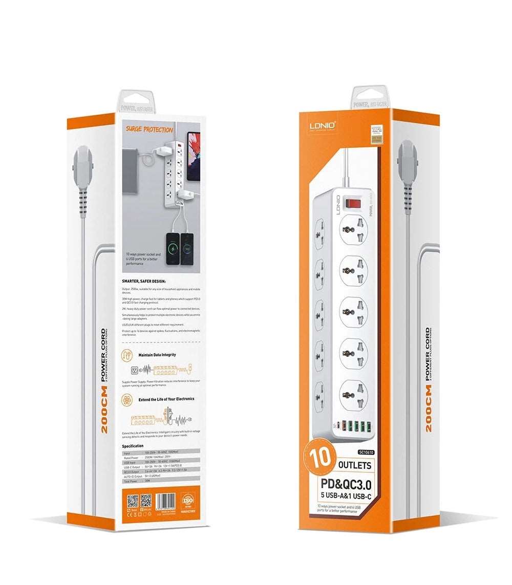 LDNIO SC10610 | 2500W PD & QC3.0 Power Socket  | With 32W Type-C & USB Ports Mobile Cable Store