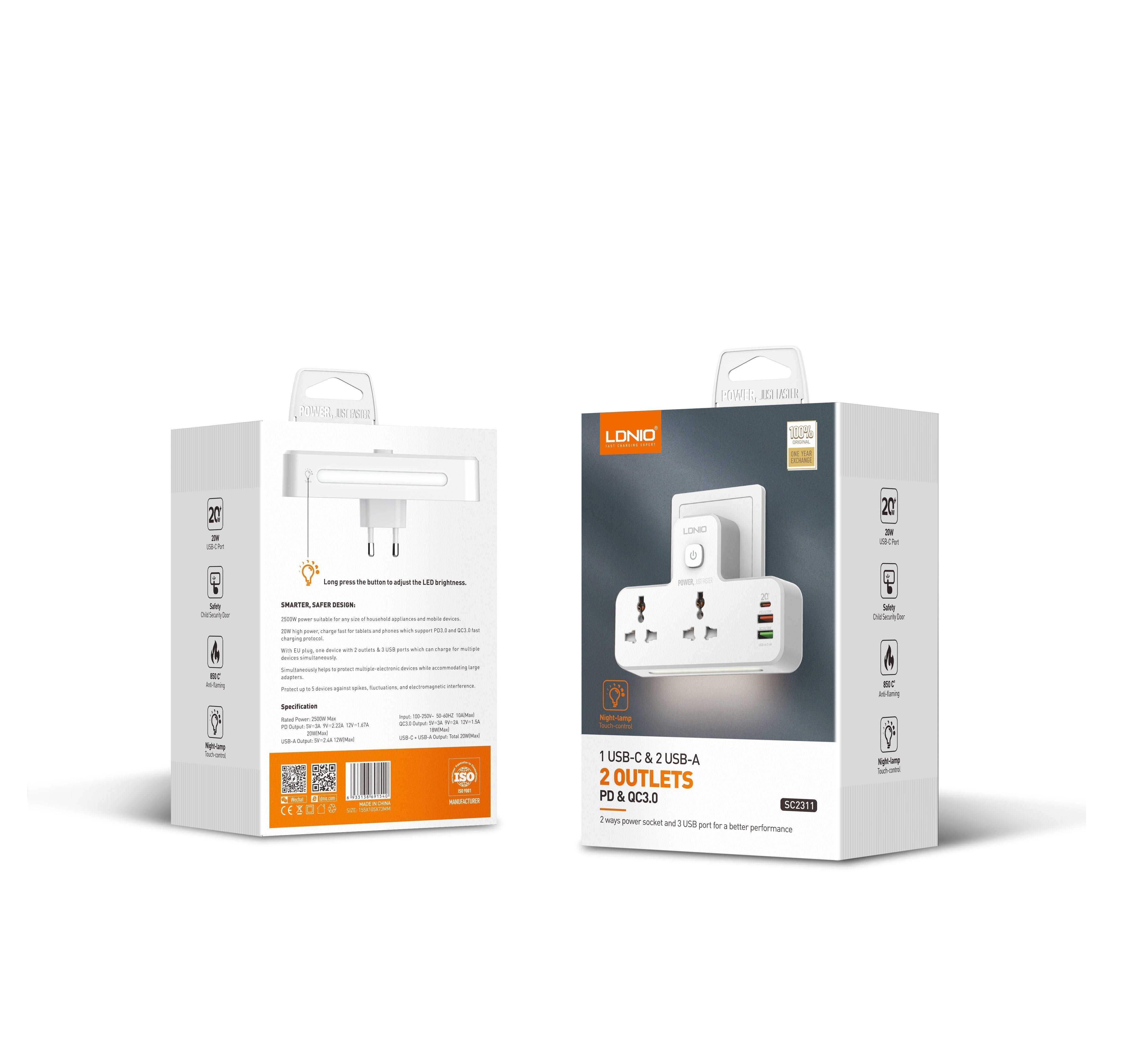 LDNIO SC2311 | 2500W PD & QC3.0 Power Socket  | With 20W Type-C & USB Ports Mobile Cable Store