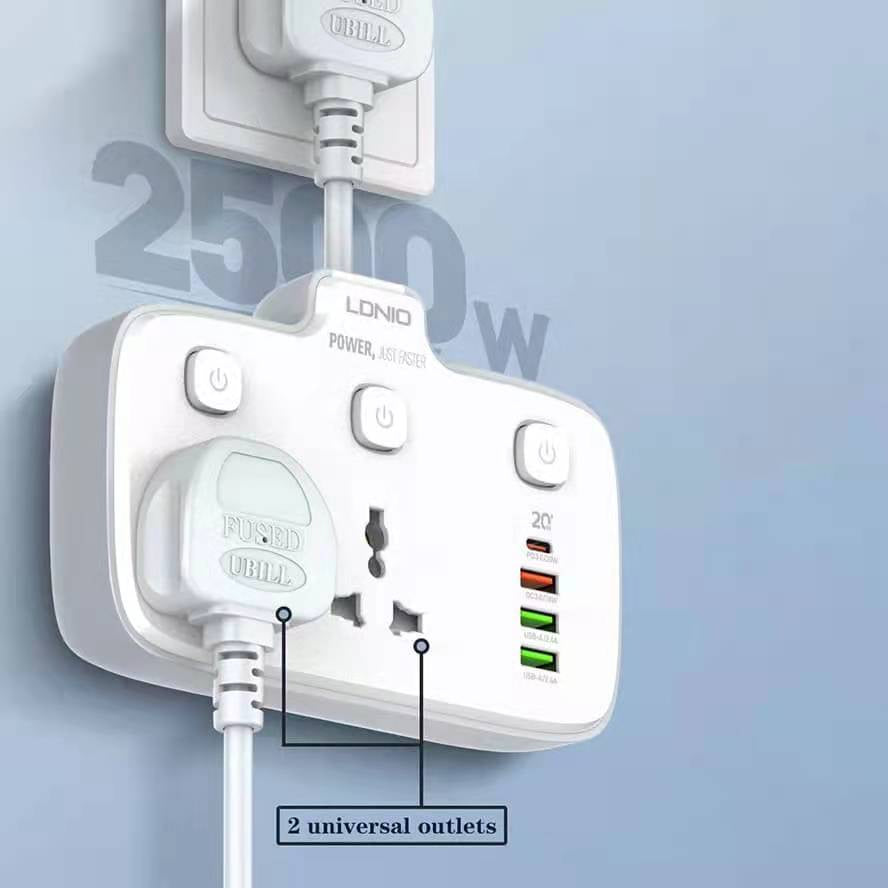 LDNIO SC2413 | 2500W PD & QC3.0 Power Socket  | With 20W Type-C & USB Ports Mobile Cable Store