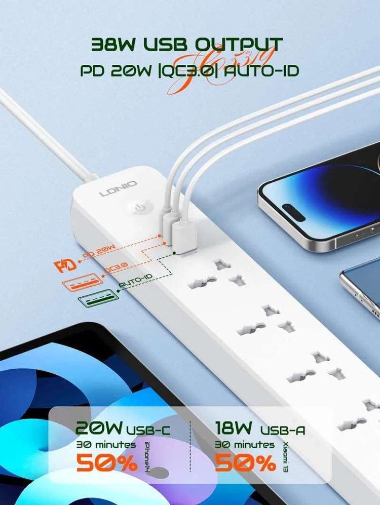 LDNIO SC5319 | 2500W PD & QC3.0 Power Socket  | With 38W Type-C & USB Ports Mobile Cable Store