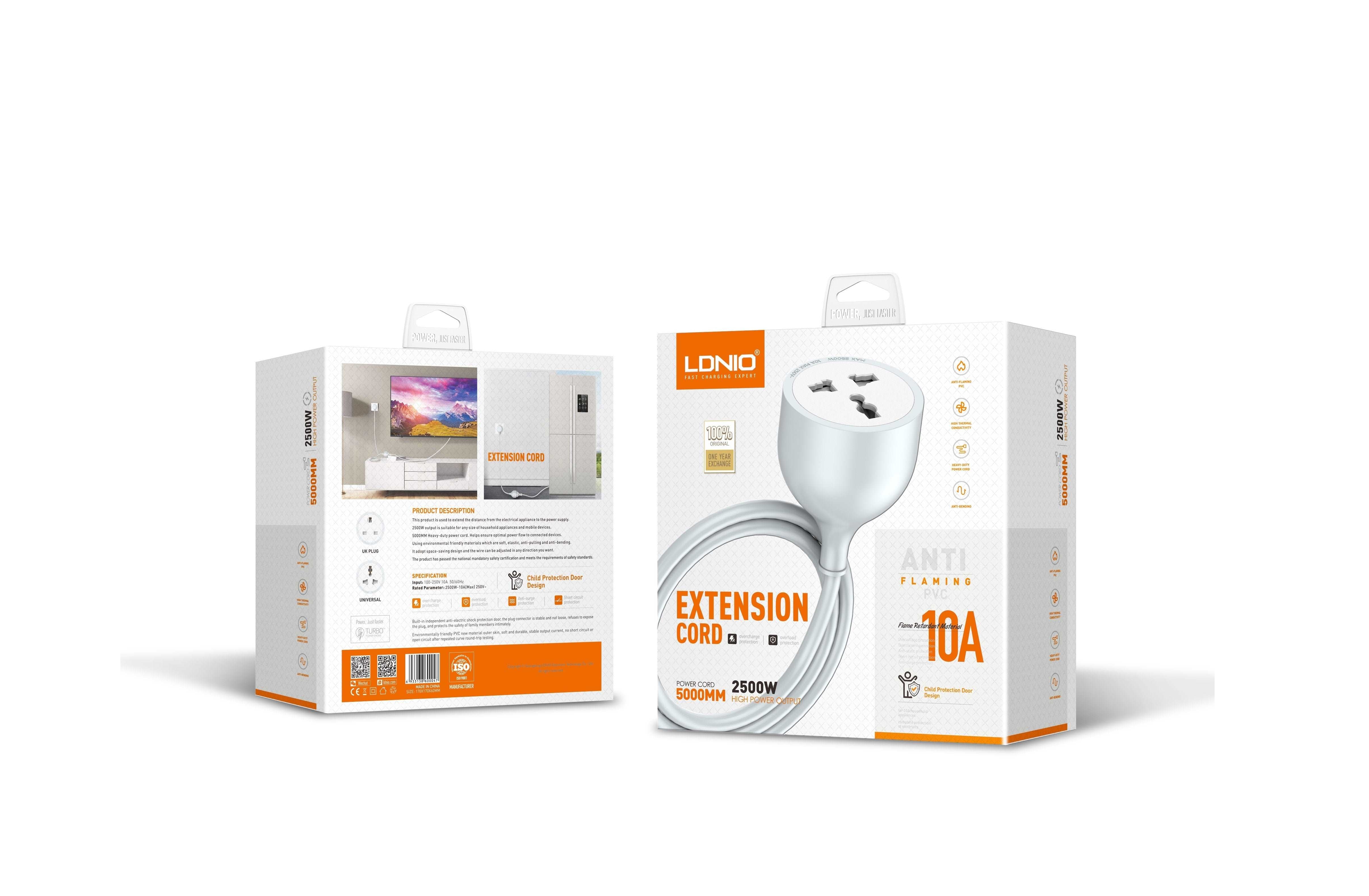 LDNIO SK1094 | 2500W Extension Cord | 5-Meter Long & UK 3 Pins Plug Mobile Cable Store