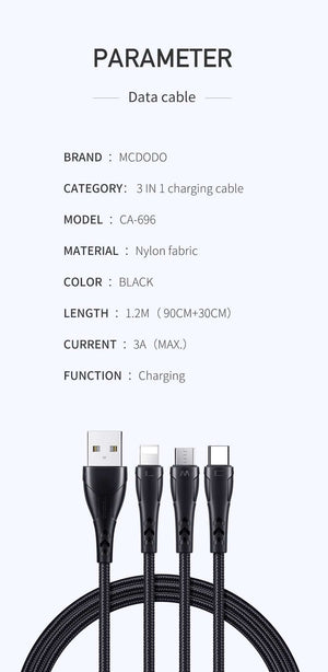 Mcdodo CA-696 | USB to Type-C, Lightning & Micro Mobile Cable | 3-in-1 Cable Mobile Cable Store