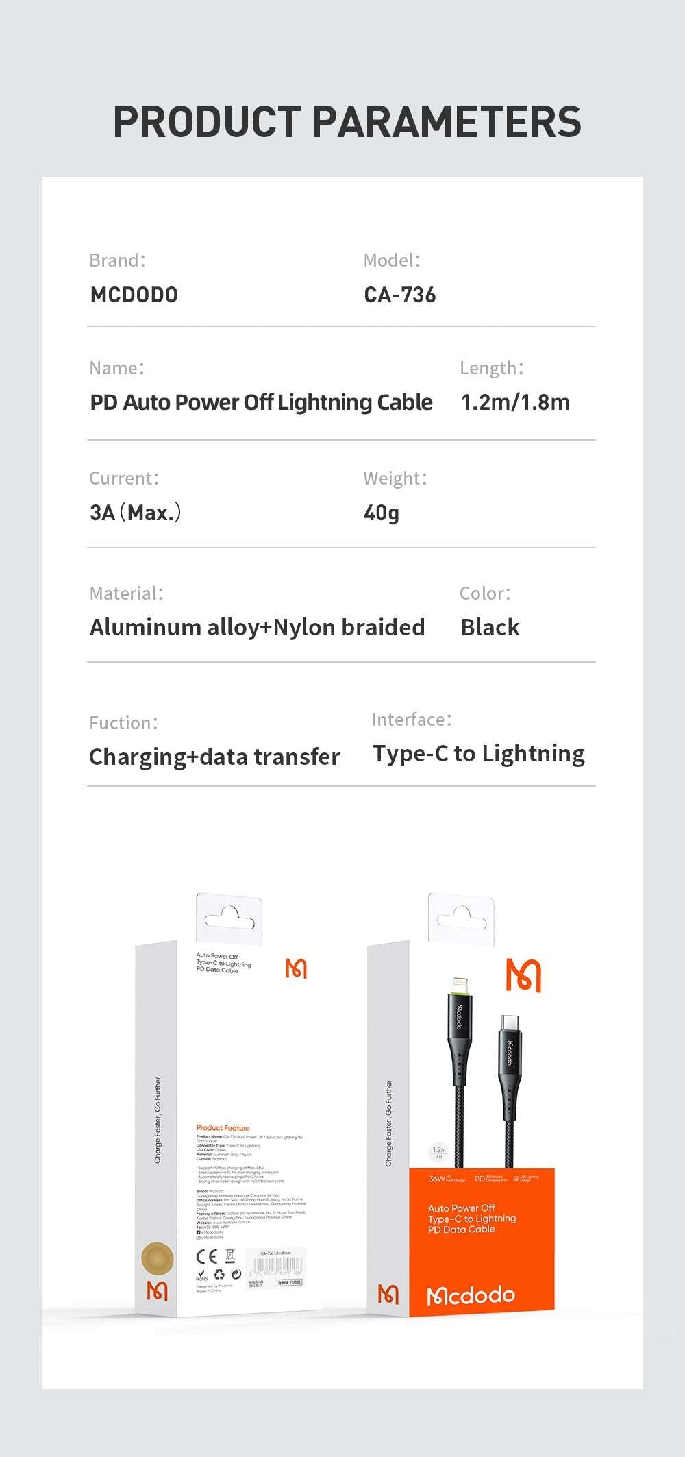 Mcdodo CA-736 | Type-C to Lightning Mobile Cable | Auto Power Off Mobile Cable Store