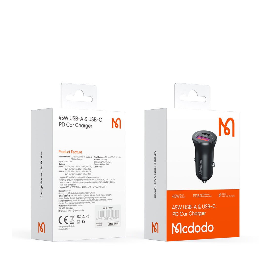 Mcdodo CC-268 | 45W PD Car Charger | Dual Ports (Type-C & USB) Mobile Cable Store