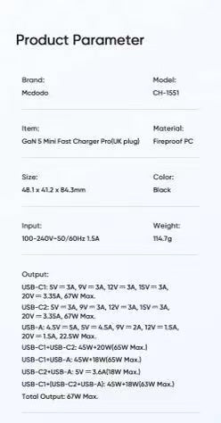 Mcdodo CH-155 | 67W PD Fast Charger | Triple Ports (Type-C & USB) Mobile Cable Store